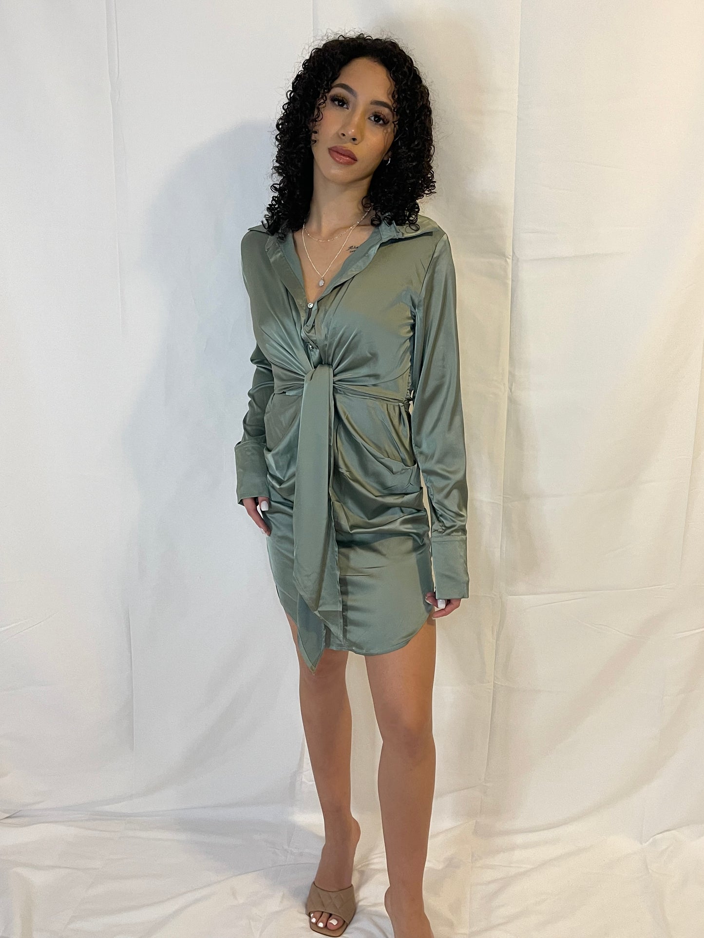 Sage Satin Dress